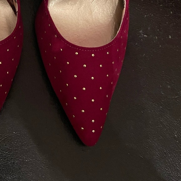 Fuchsia pink suede gold studded vamp shoes 4 inch stilettos 👠 Ladies size 8 1/2 - Picture 10 of 11
